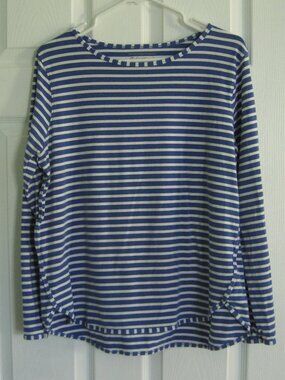Coolibar Heyday Women's Side Split Shirt UPF 50+ Size L White Blue Stripes Crew